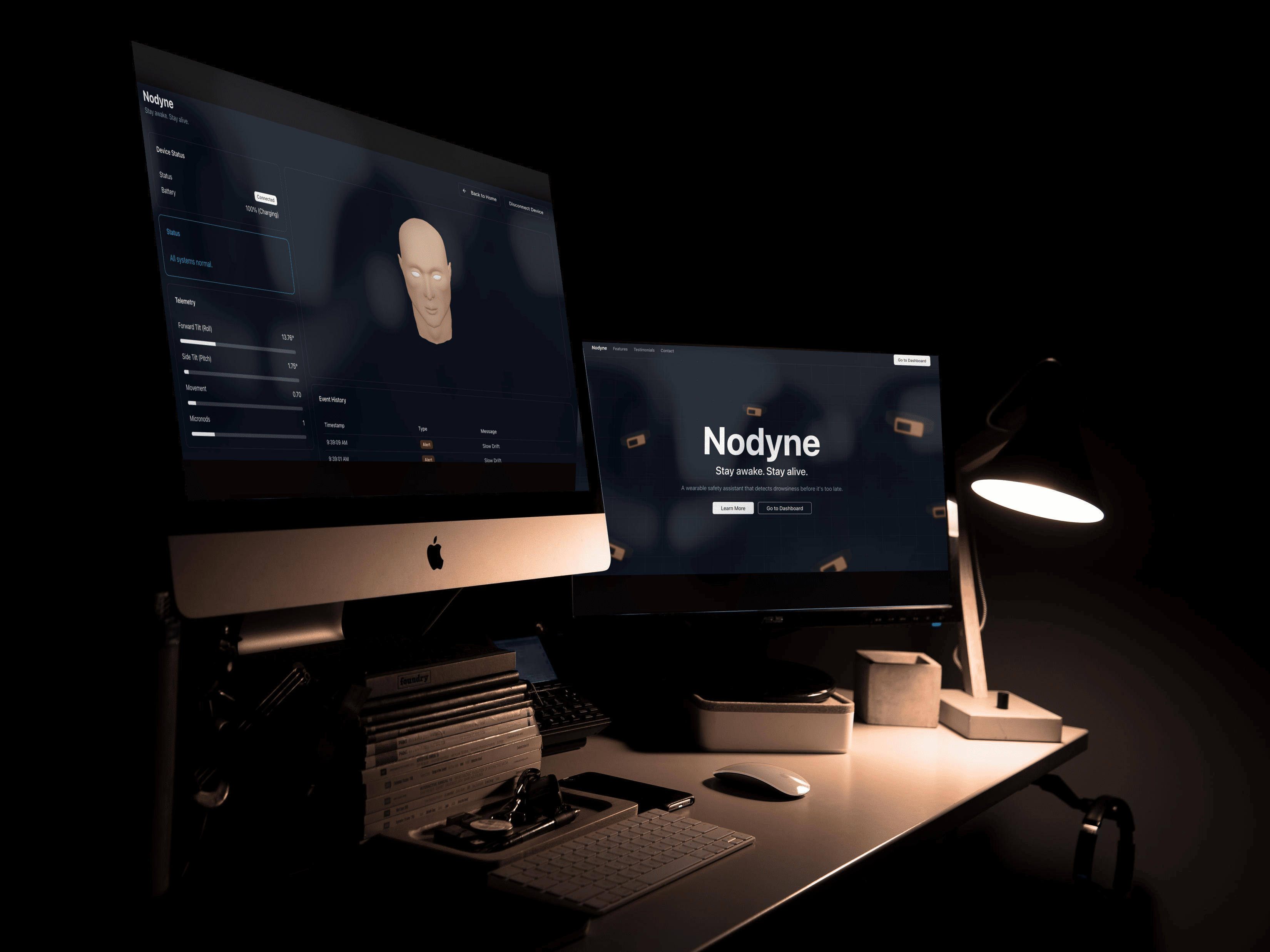 Nodyne device mounted near driver's ear